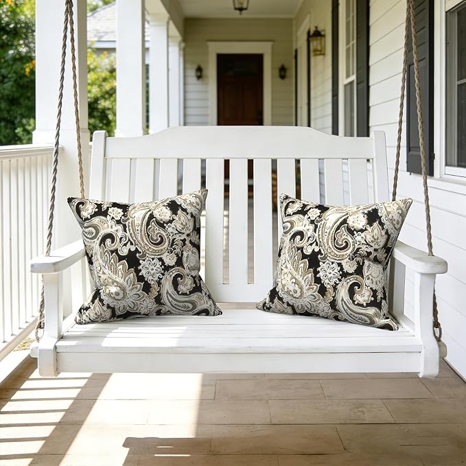 LVTXIII 2 Pack Outdoor Throw Pillow Covers for Patio Furniture, 16x16 Inch Square Pillow Case, Water-Repellent Cushion Covers for Garden, Porch, Sofa, Paisley Black