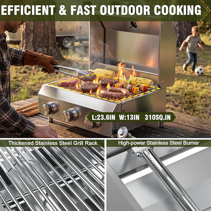 Bestfire 3-Burner Tabletop Gas Grill, Dual Connections, 30,000 BTU Portable Propane Grill, Stainless Steel Knobs/Grates, Compact & Detachable Legs for Camping, RV, BBQ