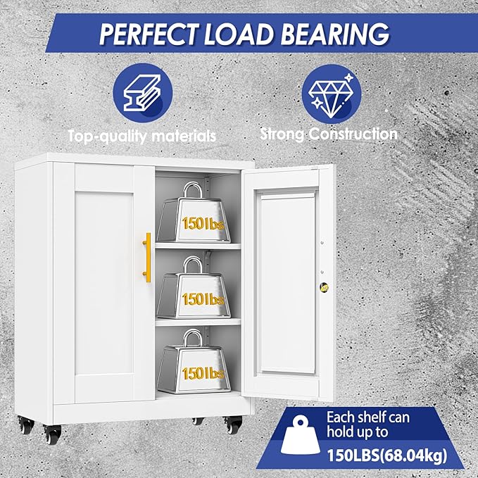 35.4" Metal Garage Storage Cabinet with Wheels and Locking Doors and Tall Rolling Steel Tool Cabinet with 2 Adjustable Shelves for Garage,Home,Office,Shop (White, 35.4''H x 27.6''W x13.8''D)