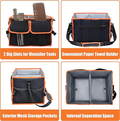Large Grill Caddy with Paper Towel Holder - BBQ Caddy Organizer for Utensil, Condiment - Easy Carry Picnic Caddy - Griddle Caddy for Camping, Travel, RV - 600D Waterproof Oxford Fabric