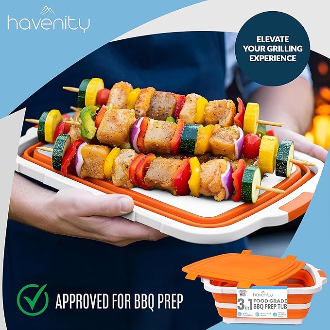 BBQ Prep Tub 16L - Multifunctional Collapsible Camping Cutting Board with Upgraded Locking Lid, Meat Storage Container for Meal Prep, Dish Basin Bowl Perfect for Grilling, Outdoor (XL)