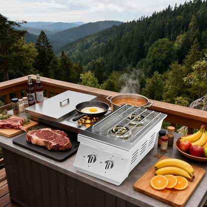 15,000 BTU Outdoor Grill Side Burner, Convertible Natural Gas or Propane, 304 Stainless Steel Built-in Cooktop for BBQ Island & Outdoor Kitchen (Double 15,000BTU)