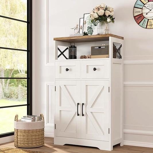 Befrases Farmhouse White Storage Cabinet with Doors and Drawers, Freestanding Kitchen Pantry Cabinet, Floor Storage Cabinet Hutch Cupboard for Kitchen, Living Dining Room, Bathroom