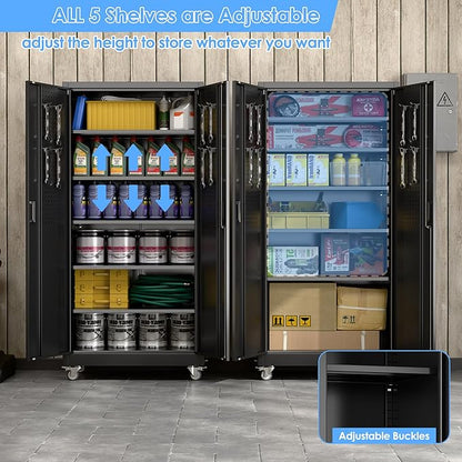 Aobabo Upgrade 71H''*32''W*16''D Metal Garage Storage Cabinet with Wheels and Pegboards, 5 Adjustable Shelves Steel Storage Cabinets for Garage,Warehouse, Black, Assembly Required