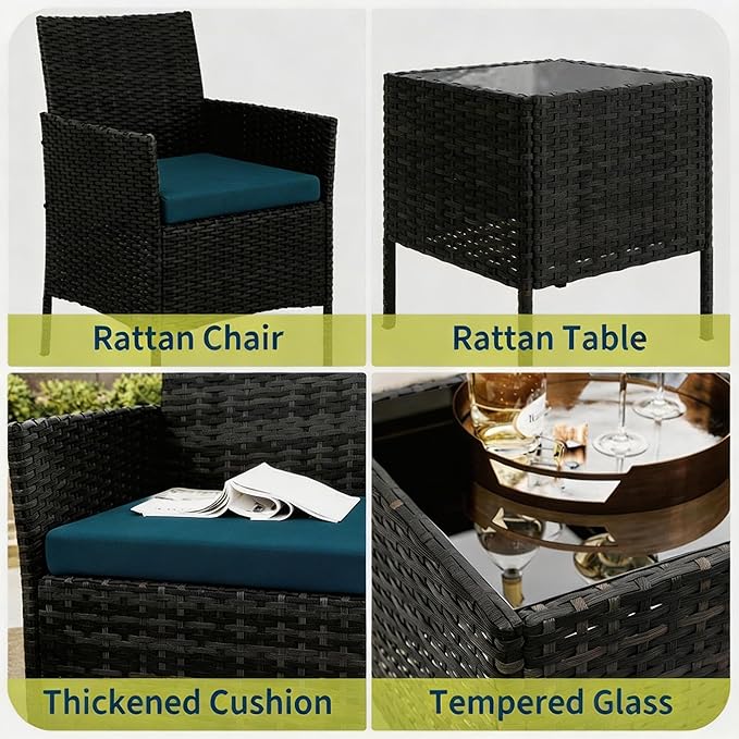 3-Piece Outdoor Furniture Set, PE Rattan Wicker Chairs with Soft Cushions & Tempered Glass Coffee Table - All-Weather Patio Set for Garden, Backyard, Porch, Poolside (Black/Green)