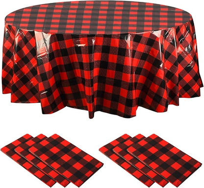 Christmas Disposable Checkered Tablecloth Round Plastic Buffalo Plaid Table Cloth 84'' Gingham Tablecover for Picnic Camping BBQ Graduation Party(Red and Black,6 Pieces)