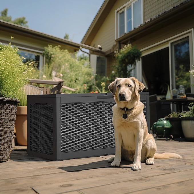 PatioZen 120 Gallon Deck Box,Resin Outdoor Storage Box with Lockable for Patio Furniture, Pool Accessories, Garden Tools Waterproof Outside Storage Box (Black)