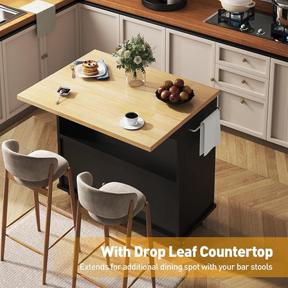 Rolling Kitchen Island with Folding Drop Leaf Breakfast Bar, 35.4'' W Kitchen Cart with Storage Cabinet and 2 Drawers, Portable Mobile Kitchen Island Table with Towel Rack, Lockable Wheels, Black