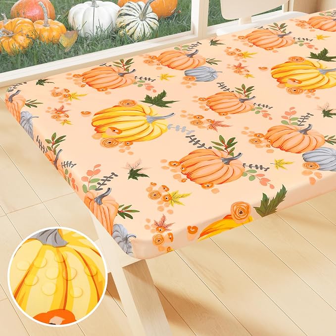 Smiry Thanksgiving Fitted Table Cover, 8 FT Flannel Backed Vinyl Tablecloth | Waterproof Elastic Stretch Table Cloth, Wipeable Plastic Tablecloth for Autumn Harvest & Parties (Yellow & Orange, 30" x 96")