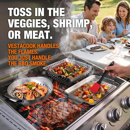 3 Piece Stainless Steel Grill Basket Set with Basting Brush, Heavy Duty Small Vegetable Grill Basket for Outdoor Grill - Perforated Compact BBQ Grill Pan & Wok Accessories for Gas, Charcoal, Veggies