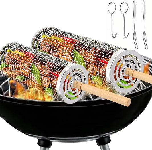 Rolling Grill Baskets for Outdoor Grill, 2 Pcs Stainless Steel Grill Basket with Removable Wooden Handle, Camping Picnic BBQ Accessories Tools for Grilling Vegetables, Gifts for Men