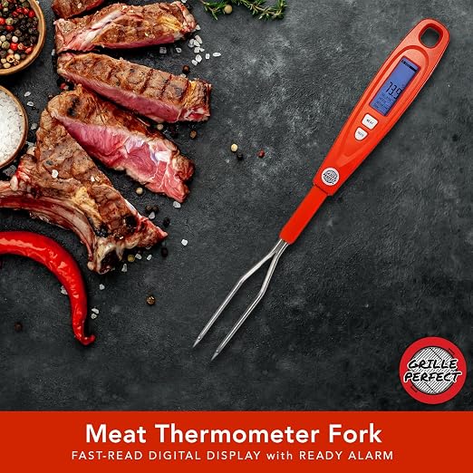 Digital Meat Thermometer Fork for Grilling & BBQ with Ready Alarm, Pro Temp Points for Quick Accurate Temperature on Steak, Pork, Chicken & Hot Grilled Food on Patio or Outside Kitchen