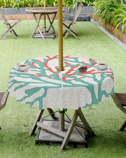 Teal Red Coral Outdoor Tablecloth - 60 Inch Round Dining Table Cover, Summer Ocean Nautical Coastal Rustic Burlap Waterproof Outdoor Table Cloth with Umbrella Hole & Zipper for Picnic/Patio/Party