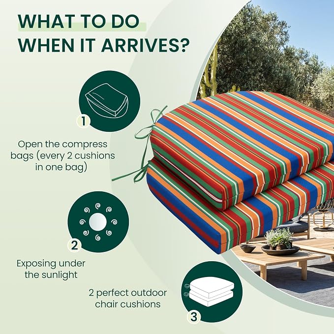 HARBOREST Outdoor Chair Cushions Set of 2, Water Resistant Patio Chair Cushions with Ties, Outdoor Seat Cushions for Patio Furniture, 17"x16"x2", Rainbow Stripes