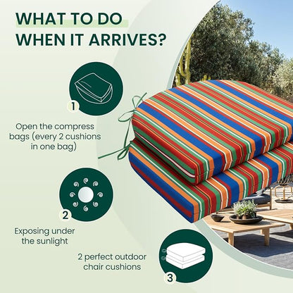 HARBOREST Outdoor Chair Cushions Set of 2, Water Resistant Patio Chair Cushions with Ties, Outdoor Seat Cushions for Patio Furniture, 17"x16"x2", Rainbow Stripes