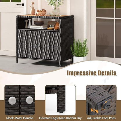 Wicker Outdoor Storage Cabinet, Rattan Patio Bar Table with Acacia Wood Countertop, Open Compartment & 2 Doors, Outdoor Buffet Cabinet Sideboard for Poolside, Garden, Backyard (Mix Brown)
