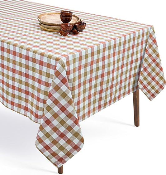 Gingham Check Tablecloth, 60x102 Inches, Reusable Farmhouse Dining Table Cover, 100% Cotton, Washable Table Linen for Thanksgiving, Fall Gatherings, Rust Tan and Natural Plaid