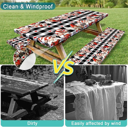 Valentine's Day Picnic Table Cover with Bench Covers, Camping Essentials, Valentines Decor Waterproof Windproof, Fitted Tablecloth Cover with Elastic Edge, Outdoor Table Covers, 3 PCS, 30x60 Inch