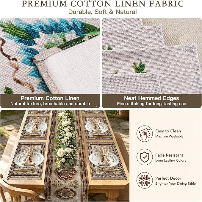 Nuxovilar Square placemats Set of 7 Table Runner and placemats Pink Floral&Vintage Pattern Linen-Cotton Tablerunner(72X13inch)&6 Placemats(11.8X17.7) Table Setting Supplies Cafe,Family Dinner
