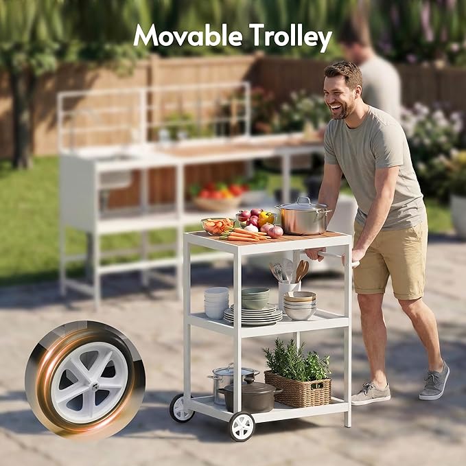 ENSTVER Modular Outdoor Kitchen with All-Aluminum Island & Cabinets, Stainless Steel Sink, Food-Safe Countertop, Outdoor Kitchen Island for Patio, Deck, Backyard,White
