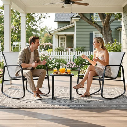 DWVO 3 Piece Rocking Patio Furniture Set Textilene Patio Set Outdoors Grey | Heavy-duty Small Patio Furniture Set w/Breathable Fabric, Smooth Rocking, Tempered Glass Table, Easy Assembly and Cleaning