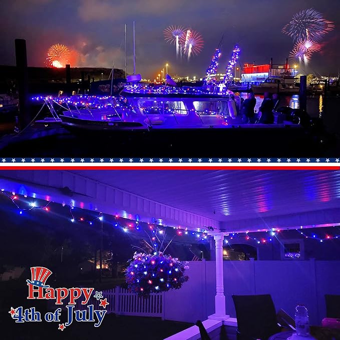 JMEXSUSS 200 LED 66ft Red White and Blue Lights Outdoor Plug in | Connectable Waterproof 4th of July Lights, 8 Modes Patriotic String Lights for Tree Independence Day Indoor Decorations