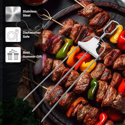 SHIKORI 3 Way Kabob Skewer, 14'' Stainless Steel Barbecue Fork-4 Pcs | Kabob Sticks With Push Bar Reusable Metal Skewer for Outdoor BBQ