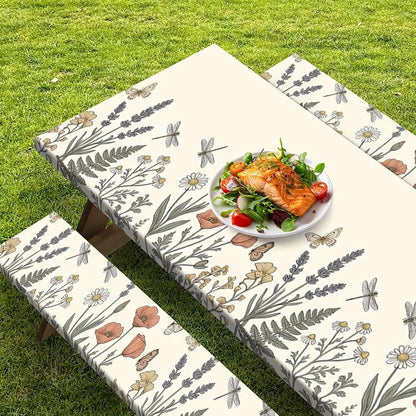 Picnic Table Cover with Bench Covers, Botanical Camper, 72 Inch | 3PCS Waterproof Elastic Edges Fitted Tablecloth Outdoor Camping Essentials with Drawstring Bag