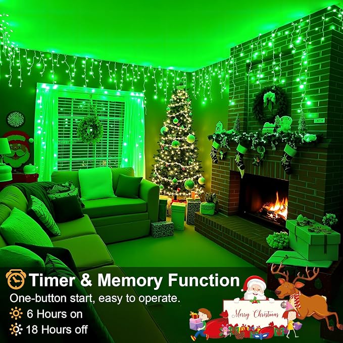 Icicle Lights for Outside 33FT 400 LED Green Christmas Lights | Connectable Icicle Christmas Lights Outdoor Waterproof 8 Modes Plug in for House Party Halloween Decoration