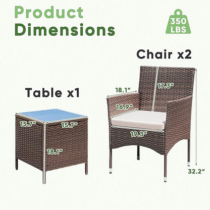 Greesum 3 Pieces Patio Dining PE Rattan Wicker Chair Furniture Set with Cushion and Glass Coffee Table for Outdoor Garden Backyard Poolside, Brown and Beige