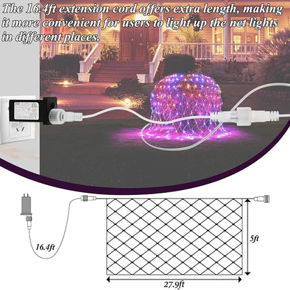 Lovelite 510LED Halloween Net Lights, 28ft x 5ft Outdoor Mesh Lights Purple Orange Clear Wire, 8 Modes & Timer, Waterproof Connectable String Lights for Bushes Xmas Tree Garden Holiday Party