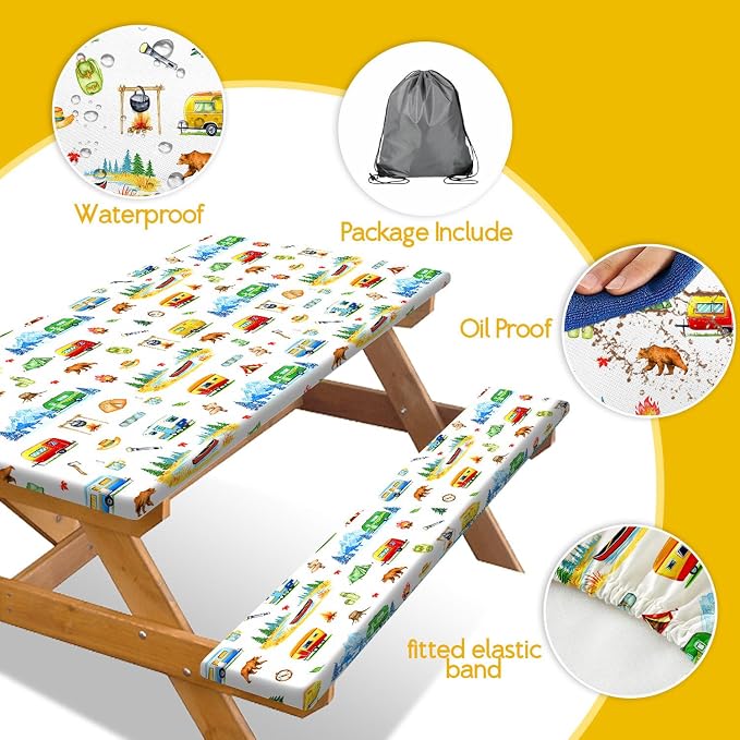 Picnic Table Cover with Bench Covers, RV Bear & Mountain Camping Tablecloth, Elastic Edges, Windproof Waterproof Fitted, for Outdoor Camping Patio Garden, with Drawstring Bag, 60 Inch 3PCS