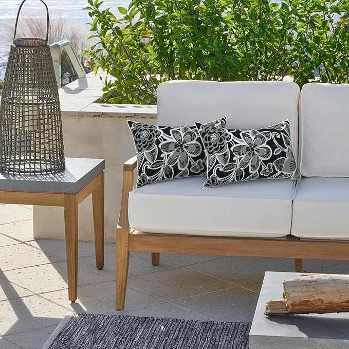 LVTXIII 2 Pack Outdoor Lumbar Pillow Covers 12x20 Inch with Piping, Water-Repellent Back Cushion Covers ONLY for Patio Furniture, Sofa, Garden Bench, Flower Black