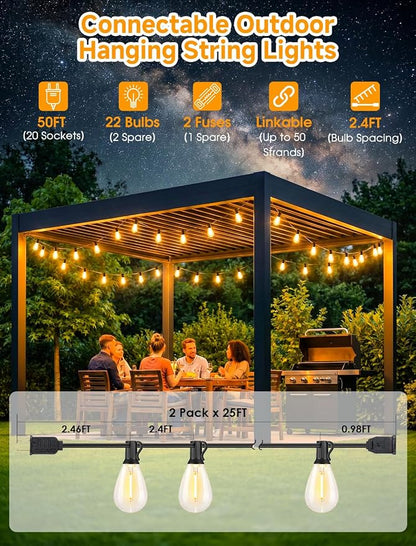 Larkvue 50FT(2X25FT) LED Outdoor String Lights, 20+2 Edison S11 Dimmable Bulb Waterproof Patio Lights, Connectable Hanging Strand for Balcony, Black