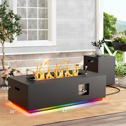 SUNPEAK 42" Propane Fire Pit Table with LED Light - 50,000 BTU with Wind Guard, Lid, Rocks and Cover - Outdoor Gas Fire Pit Rectangle - Coffee Table with Fire Pit (Black/RGB Light, 42" LED)