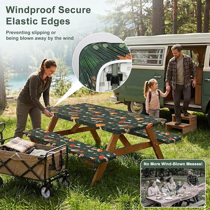 Picnic Table Cover with Bench Covers Windproof Waterproof Picnic Table Covers Camping Tablecloth with Self-Storage Bag, 72in, Black Red