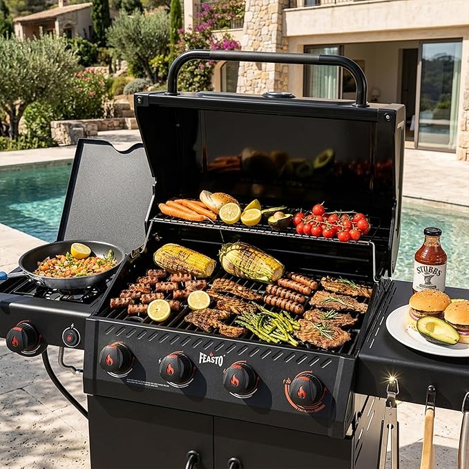 Feasto 4-Burner Propane Gas Grill w/Sear & Side Burner, Porcelain-Enameled Main Body and Lid, 49,500 BTU Outdoor BBQ Grill, 563 Sq. In. Cooking Area, Cabinet Storage, Backyard Patio Grill, Black