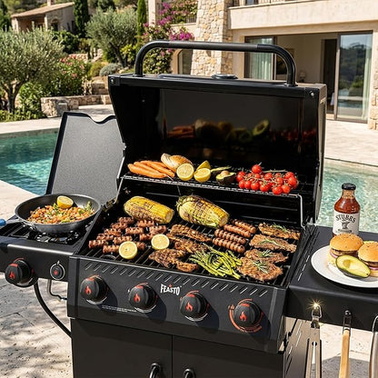 Feasto 4-Burner Propane Gas Grill w/Sear & Side Burner, Porcelain-Enameled Main Body and Lid, 49,500 BTU Outdoor BBQ Grill, 563 Sq. In. Cooking Area, Cabinet Storage, Backyard Patio Grill, Black