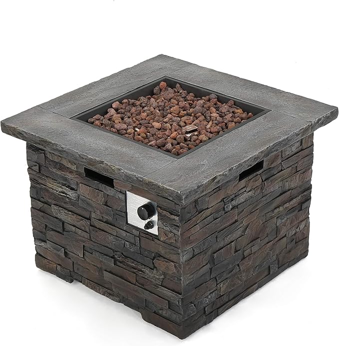 33'' Propane Fire Pit Table Hidden Tank Inside, 40,000 BTU Square Outdoor Gas Firepit with Auto-Ignition, Waterproof Cover for Patio Deck, Imitation Stone Concrete, CSA Certified, Gray