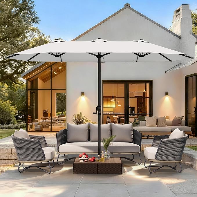 GDPFN 13FT Large Patio Umbrella, Outdoor Deck Standing Umbrella with Crank Handle, Double-Side Rectangular Pool Umbrella for Outside, Market, Patio, Light Gray (Base Not Include)
