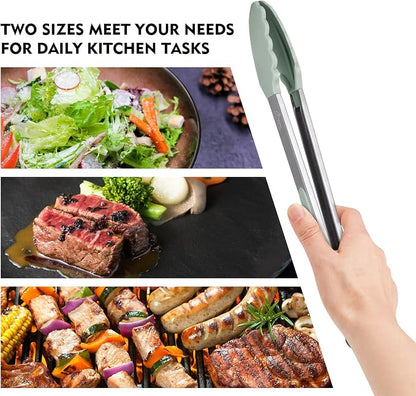 Hotec Premium Stainless Steel Locking Kitchen Tongs with Silicon Tips, Set of 2-9" and 12" Light Green