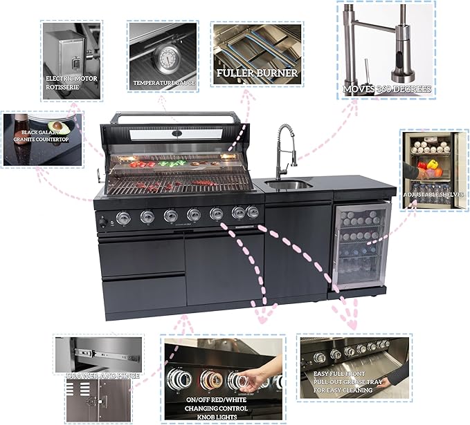 82 Inch Natural Gas Outdoor Kitchen Island with Grill - 6-Burner 85000 BTU, Height-Adjustable Infrared Rear Burner, Sink/Wine Cooler, Granite Countertops & Rotisserie Kit, For Patio, Lawn, Backyard