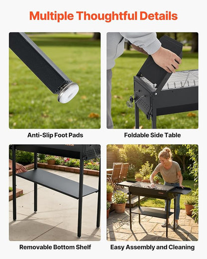VEVOR Foldable Charcoal Grill, Portable Charcoal Barbecue Grill with Adjustable Height & Folding Side Tables, High-Temp Powder-Coated Steel Outdoor BBQ Grills for Camping Backyard Parties