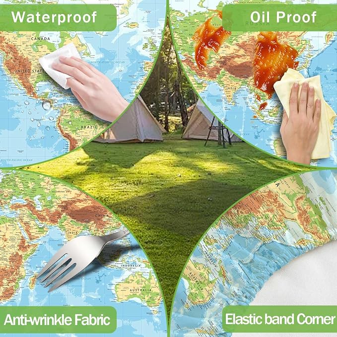 JAWO World Map Print 3 Piece Picnic Table & Bench Cover Set, Waterproof Elastic Fitted Tablecloth for Outdoor Travel Camping Backyard BBQ, 30X60in