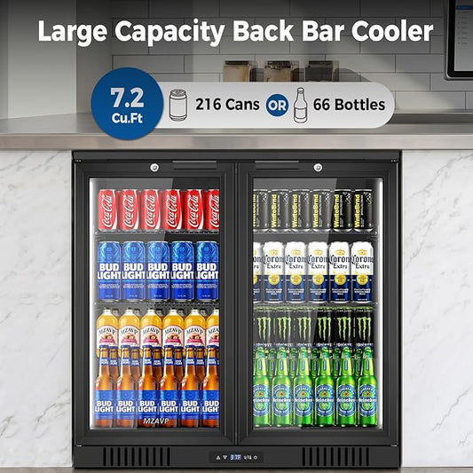 Back Bar Cooler with 2 Glass Door, Commercial Beverage Fridge Under Counter, 7.2 Cu.Ft Display Refrigerator with Safety Locks for Beer, Soda, Wine, Built-In/Freestanding for Bar Restaurant Home