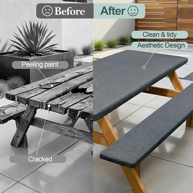 Picnic Table Cover with Bench Covers Camping Essentials Waterproof Windproof Camping Tablecloth with Drawstring Bag, Fitted Rectangle Tables and Seats, 72in, Heather Grey