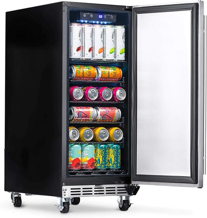 NewAir 15” Outdoor Beverage Fridge | Freestanding or Built-In Under counter Refrigerator for Outside Patio | Weatherproof Outdoor Fridge for 90 Cans with Detachable Castors | Stainless Steel