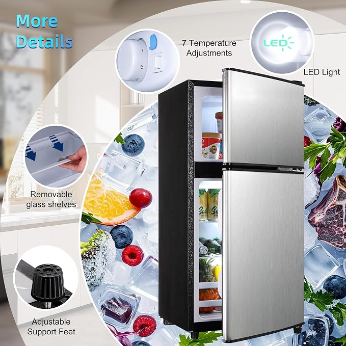 Dorm Fridge with Freezer, Small Refrigerator 3.45 Cu. Ft. with Freezer | 7-Level Temperature Adjustable Apartment Size Fridge for Kichen, College, Office, Apartment, Silver
