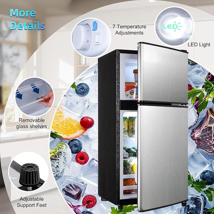 Dorm Fridge with Freezer, Small Refrigerator 3.45 Cu. Ft. with Freezer | 7-Level Temperature Adjustable Apartment Size Fridge for Kichen, College, Office, Apartment, Silver