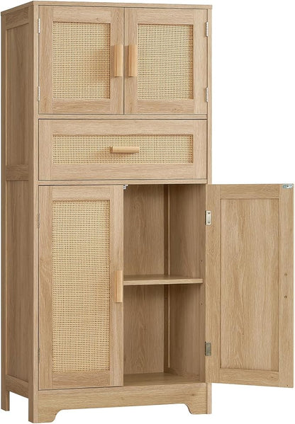 47.2" H Tall Storage Cabinet with Adjustable Shelf, Rattan Cabinet, Cupboard for Living Room, Dining Room, Entryway, Home Office, Natural